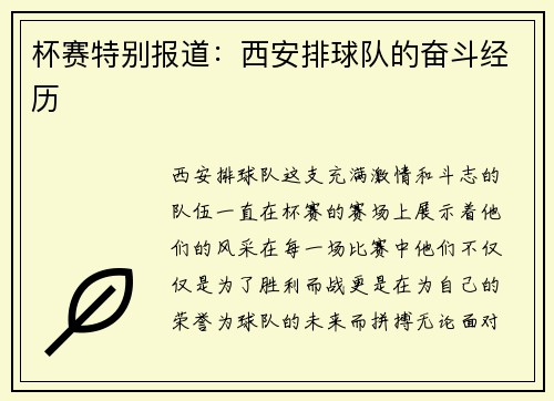 杯赛特别报道：西安排球队的奋斗经历