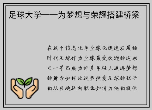 足球大学——为梦想与荣耀搭建桥梁