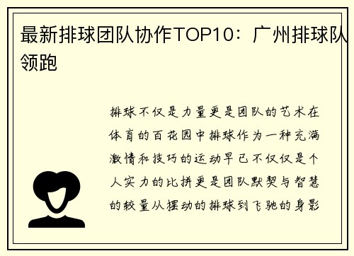 最新排球团队协作TOP10：广州排球队领跑