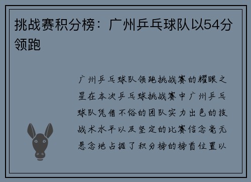 挑战赛积分榜：广州乒乓球队以54分领跑